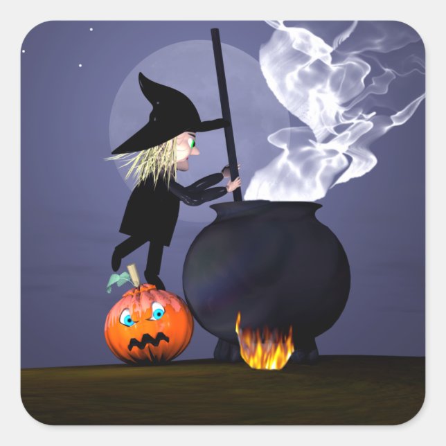 Adesivo Quadrado Halloween Witch e Cauldron (Frente)