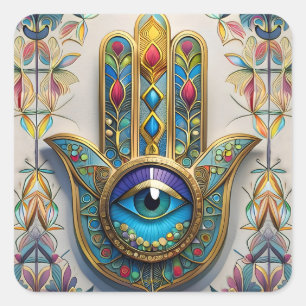 Adesivo Quadrado Hamsa do Terceiro Olho Azul-Verde com Filigrana Co
