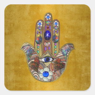 Adesivo Quadrado Hamsa Hearts Flowers Opal Art em Dourado