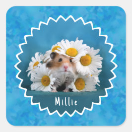 Adesivo Quadrado Hamster Adorável no Buquê de Margarida Branca