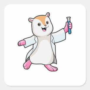 Adesivo Quadrado Hamster como Cientista com tubo de ensaio