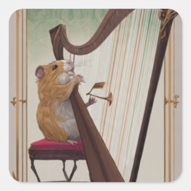 Adesivo Quadrado Hamster Harpist – Mini Musical Illustration  (Frente)