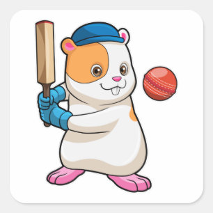 Adesivo Quadrado Hamster no Cricket com bastão e Boné de críquete