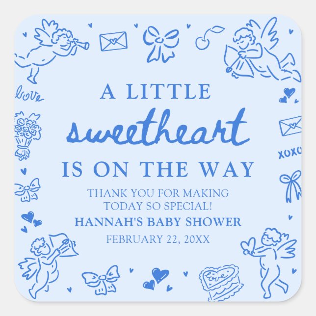 Adesivo Quadrado Hand Drawn Valentine Little Sweetheart Baby Shower (Frente)