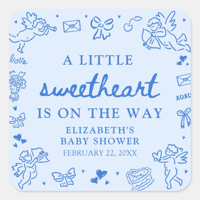 Adesivo Quadrado Hand Drawn Valentine Little Sweetheart Baby Shower (Frente)