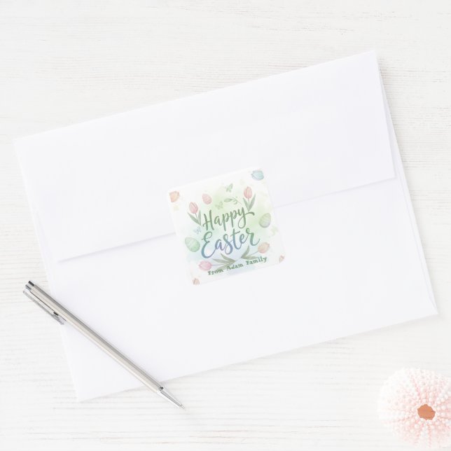 Adesivo Quadrado Hand-Lettered Happy Easter Watercolor (Envelope)
