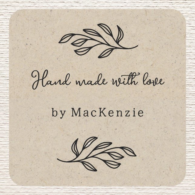 Adesivo Quadrado Hand Made With Love Brown Paper Botanical Leaf  (Personalized hand made with love botanical leaf line art stickers for small business makers)