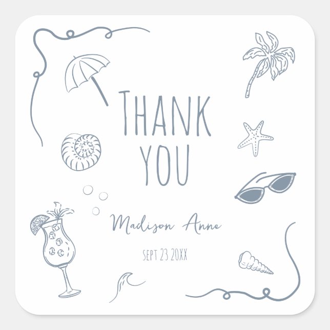Adesivo Quadrado HandDrawn Beach Doodle Thank You Bridal Shower (Frente)