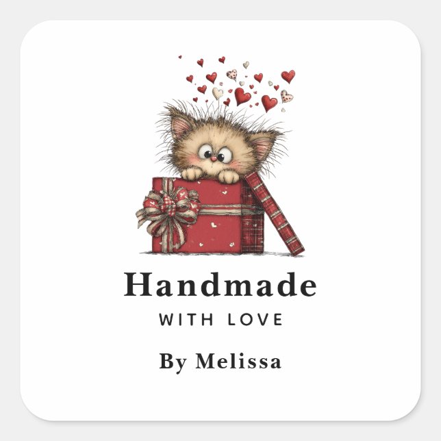 Adesivo Quadrado Handmade with Love Cute Cartoon Kitten with Hearts (Frente)