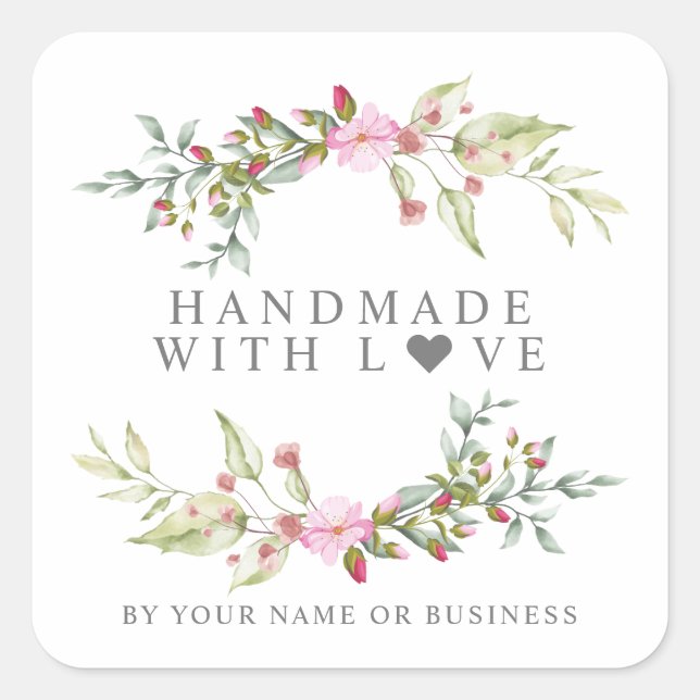 Adesivo Quadrado Handmade with Love on Romantic Floral Garland (Frente)