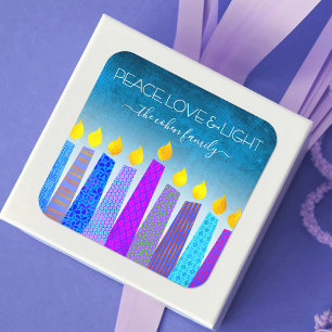 Adesivo Quadrado Hanukkah Blue Boho Vela Turquesa Paz, Personalizad