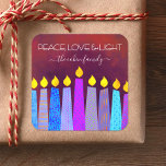 Adesivo Quadrado Hanukkah Blue Boho Vela Vermelha Paz Luz de Amor<br><div class="desc">"Paz, amor e luz." Uma ilustração lúdica, moderna e artística das velas de padrão de feto ajuda você a insistir nas festas de Chanucá. Velas azuis cortadas com padrões coloridos de folha de alumínio sobrepõem-se a um fundo de textura laranja vermelho, rico e profundamente queimado. Sinta o calor e a...</div>