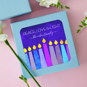 Adesivo Quadrado Hanukkah Bold Candles Blue Peace Love Light
