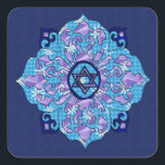 Adesivo Quadrado Hanukkah Mandela<br><div class="desc">Blues de todos os tons,  lilás e lavandas em forma de mandela de flores com uma estrela de seis lados no centro é uma forma excelente de celebrar Chanucá e expressar sua individualidade ao mesmo tempo.</div>