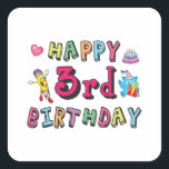 Adesivo Quadrado Happy 3rd Birthday 3 year old b-day wishes<br><div class="desc">Happy 3rd Birthday. Funny and cute Birthday design with lovely teddy bear holding a gift and a funny pencil writing the birthday wishes. A perfect match for clothing,  shirts and accessories.</div>