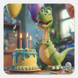 Adesivo Quadrado Happy 3rd Birthday, Funny Dino, Round or 