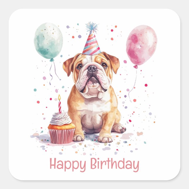Adesivo Quadrado Happy Birthday English Bulldog (Frente)