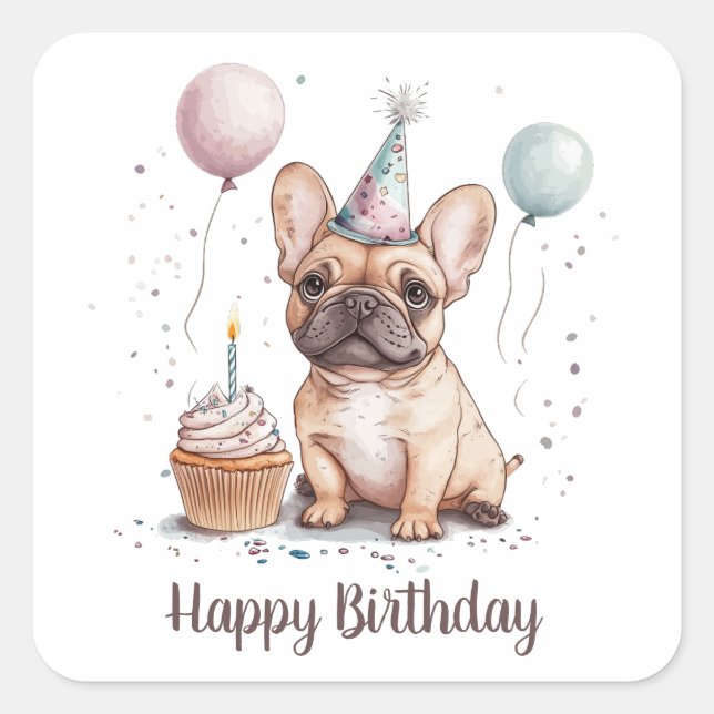 Adesivo Quadrado Happy Birthday French Bulldog (Frente)