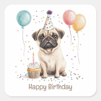 Adesivo Quadrado Happy Birthday Pug Dog