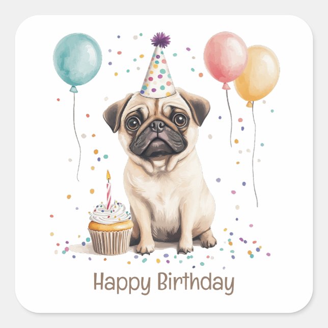 Adesivo Quadrado Happy Birthday Pug Dog (Frente)