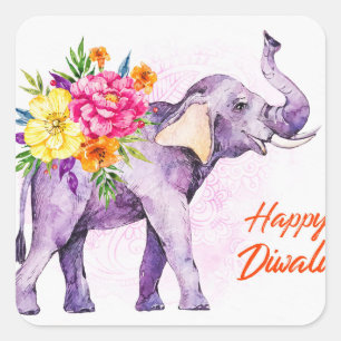 Adesivo Quadrado Happy Diwali (Elephant with Colorful Flowers)