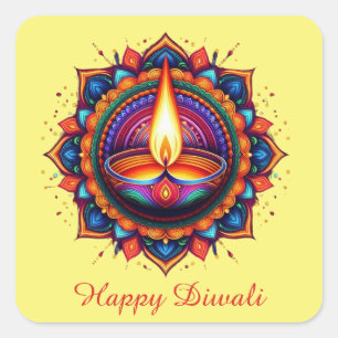 Adesivo Quadrado Happy Diwali Mandala Diya Festival de Amarelo Clar