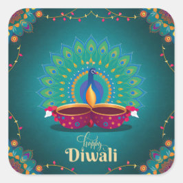 Adesivo Quadrado Happy Diwali Peacock Diya Festival do Azul Claro