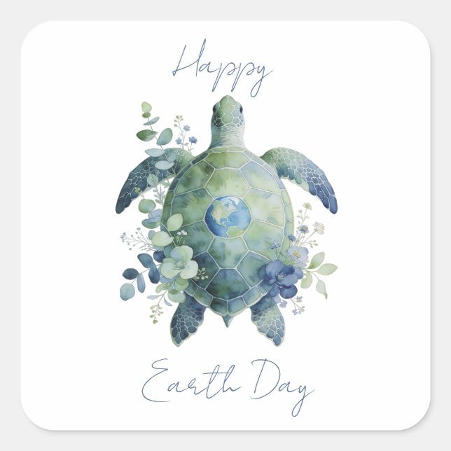 Adesivo Quadrado Happy Earth Day Turtle Design (Frente)