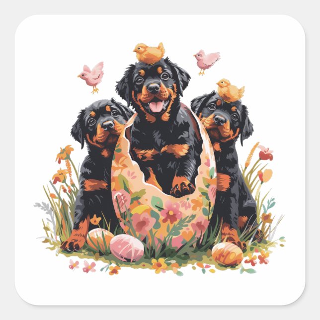 Adesivo Quadrado Happy Easter Rottweiler Dogs (Frente)