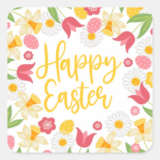 Adesivo Quadrado Happy Easter Whimsical Red Yellow Floral