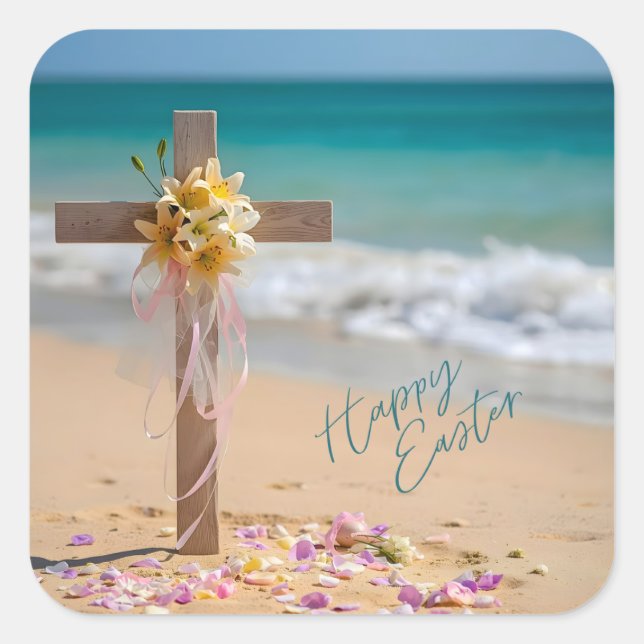 Adesivo Quadrado Happy Easter Wooden Cross with Lilies on Beach (Frente)