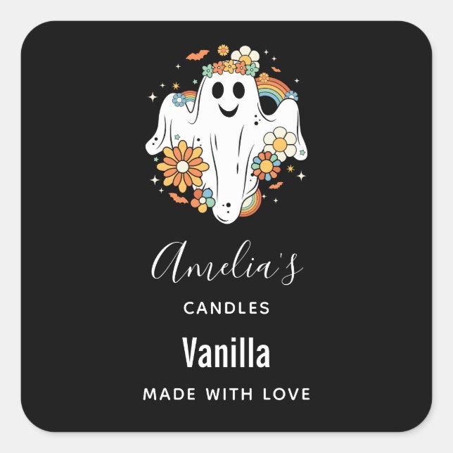 Adesivo Quadrado Happy Ghost Retro Hippie Vibe - Empresa de Velas (Frente)