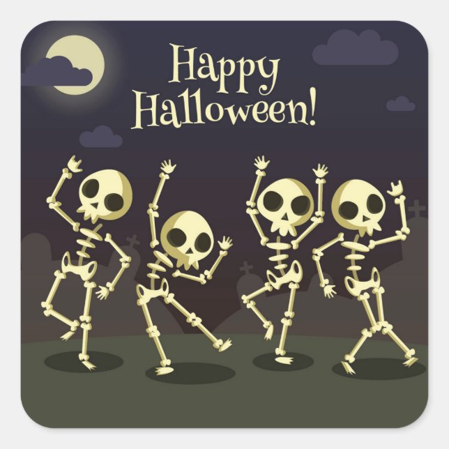 Adesivo Quadrado Happy Halloween - Happy Skeletons (Frente)