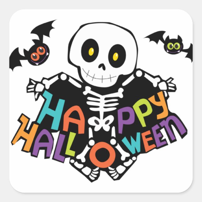 Adesivo Quadrado Happy Halloween (Skeleton and Bats) (Frente)