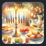 Adesivo Quadrado Happy Hanukkah<br><div class="desc">Ilustração de aquarela de Hanukkah. Uma mesa bem arrumada para uma comemoração festiva,  com uma menorah tradicional com velas iluminadas. Luz suave e quente,  enquanto decorações de férias adicionam um toque de alegria. Luzes quentes criando uma atmosfera acolhedora e convidativa.</div>