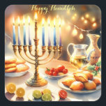 Adesivo Quadrado Happy Hanukkah<br><div class="desc">Ilustração de aquarela de Hanukkah. Uma mesa bem arrumada para uma comemoração festiva,  com uma menorah tradicional com velas iluminadas. Luz suave e quente,  enquanto decorações de férias adicionam um toque de alegria. Luzes quentes criando uma atmosfera acolhedora e convidativa.</div>