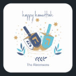 Adesivo Quadrado Happy Hanukkah Floral Dreidel<br><div class="desc">Feliz Hanukkah Floral Dreidel. Personalize o texto personalizado acima. Você pode encontrar itens de coordenação adicionais na nossa coleção "Floral Hanukkah Menorah e Dreidel".</div>