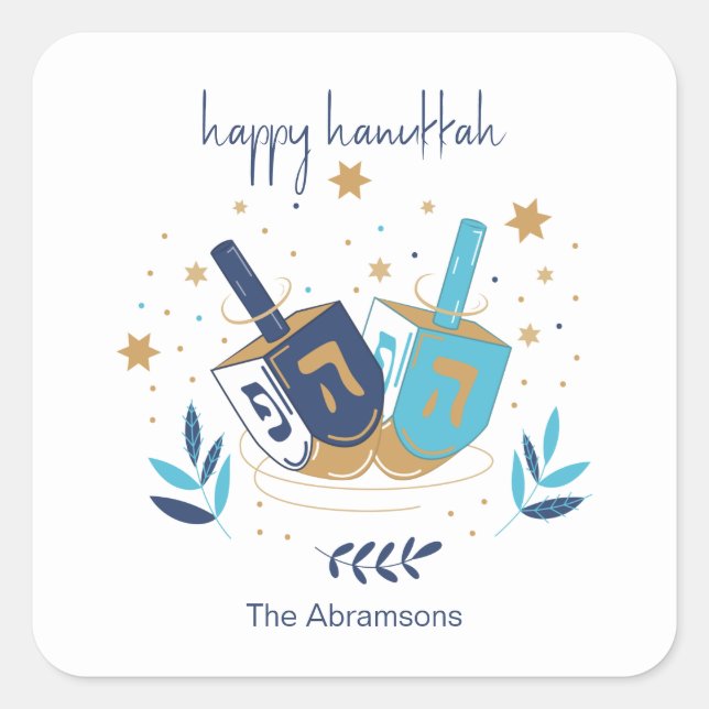 Adesivo Quadrado Happy Hanukkah Floral Dreidel (Frente)