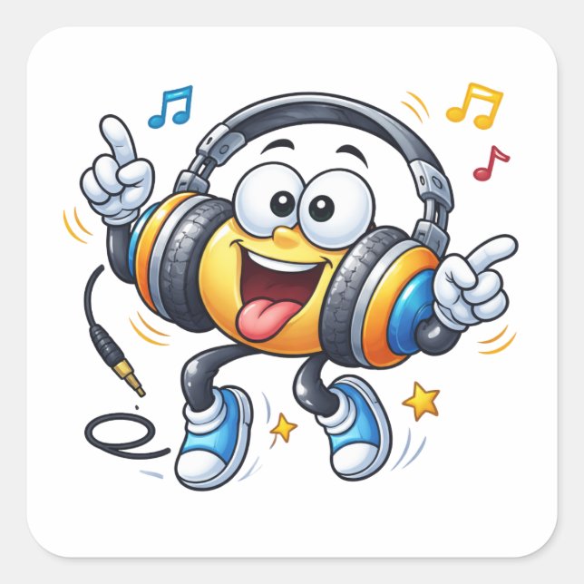 Adesivo Quadrado Happy Headphones Cartoon Music Sticker (Frente)