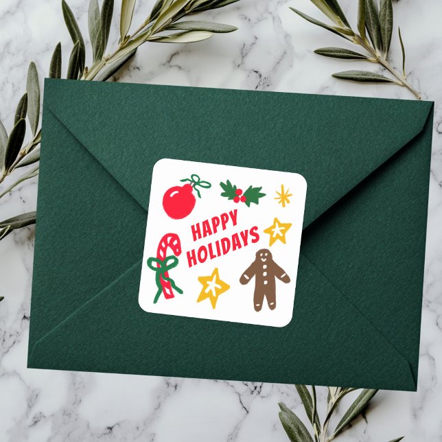 Adesivo Quadrado HAPPY HOLIDAYS Cute Hand-Drawn CUSTOM  (HAPPY HOLIDAYS Cute Hand-Drawn CUSTOM Square Sticker
)