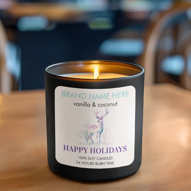 Adesivo Quadrado Happy Holidays Modern Deer Candle Label  (Criador carregado)