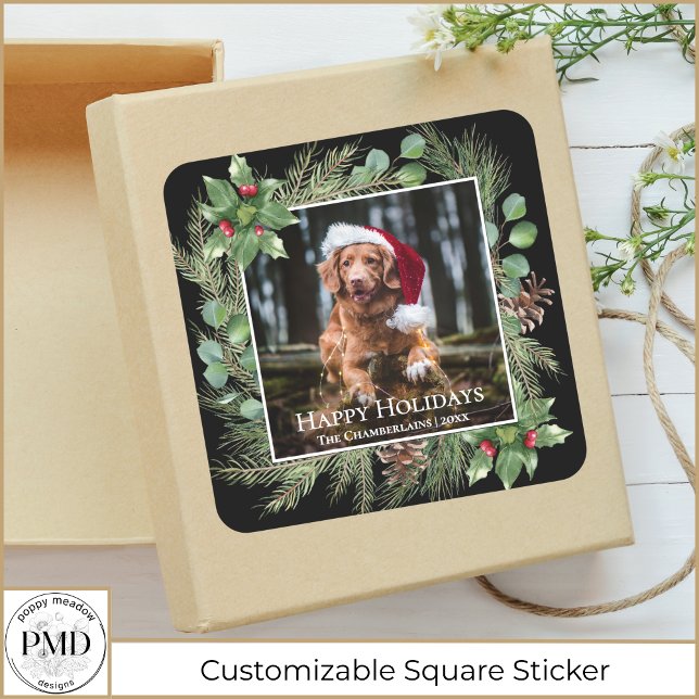 Adesivo Quadrado Happy Holidays Pet Photo Wreath  (Happy Holidays Pet Photo Wreath Greenery Botanical Christmas Square Sticker with Name, Year, Photo.)
