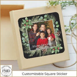 Adesivo Quadrado Happy Holidays Photo Wreath Greenery