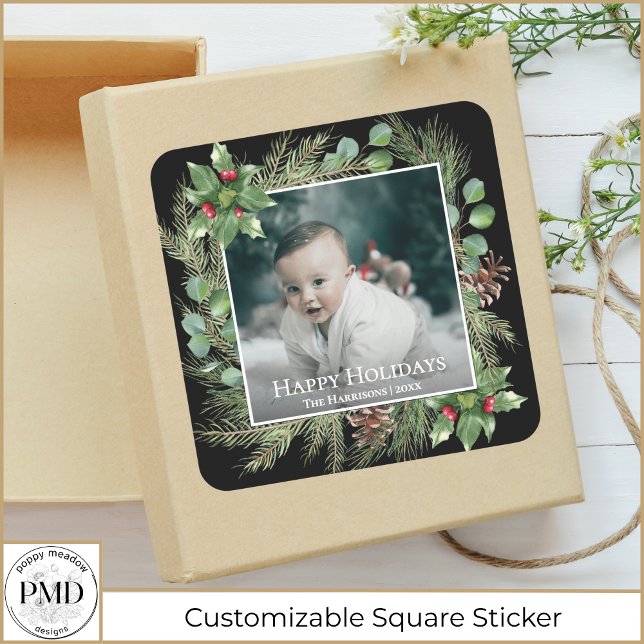 Adesivo Quadrado Happy Holidays Photo Wreath Greenery  (Happy Holidays Baby Photo Wreath Greenery Botanical Christmas Square Sticker with Name, Year.)
