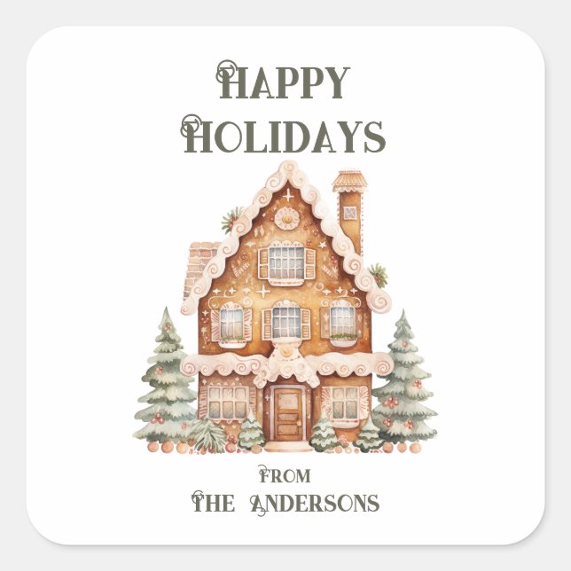 Adesivo Quadrado Happy Holidays Watercolor House Personalized  (Frente)