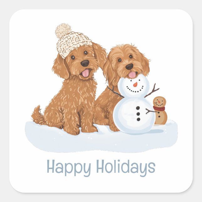 Adesivo Quadrado Happy Holidays Winter Goldendoodle Dog Snowman (Frente)