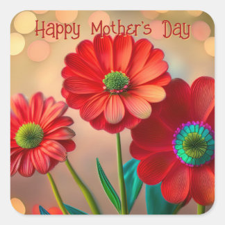 Adesivo Quadrado Happy Mother's Day Three Red Daisies Custom Text