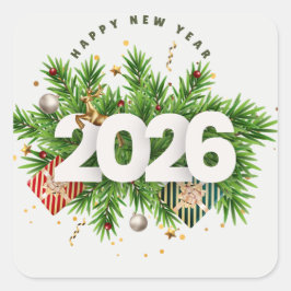 Adesivo Quadrado Happy New Year 2026 Festive Christmas Greenery Des