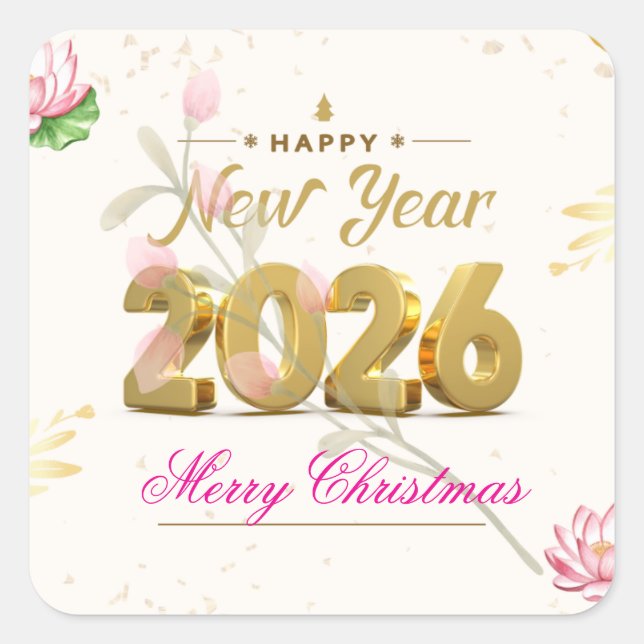 Adesivo Quadrado Happy New Year 2026 Festive Christmas Greenery Des (Frente)