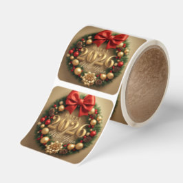 Adesivo Quadrado happy new year 2026 golden wreath sticker roll